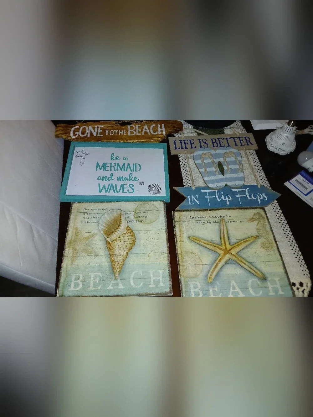 Coastal Wall Art Set with Seashell and Mermaid Quote + Fish Towel Hool